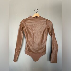 Skims Brown Faux Leather Long Sleeve Bodysuit